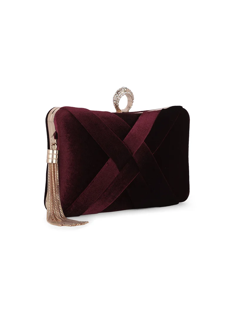 جلو باص Globus Women Burgundy Criss Cross Ribbon Design Rectangular Party Clutch With Detachable Chain Strap & Tassel Charm